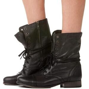 Steve Madden Troopa Tie Up Combat Boots – Black Distressed Leather, Size 6.5M